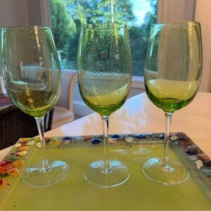 Set of Three Handblown Green Wine Glasses